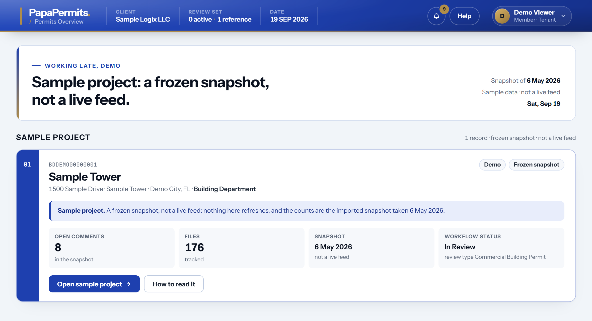 The PapaPermits home page: every active permit with its open comments, files and whose move it is, on one screen.